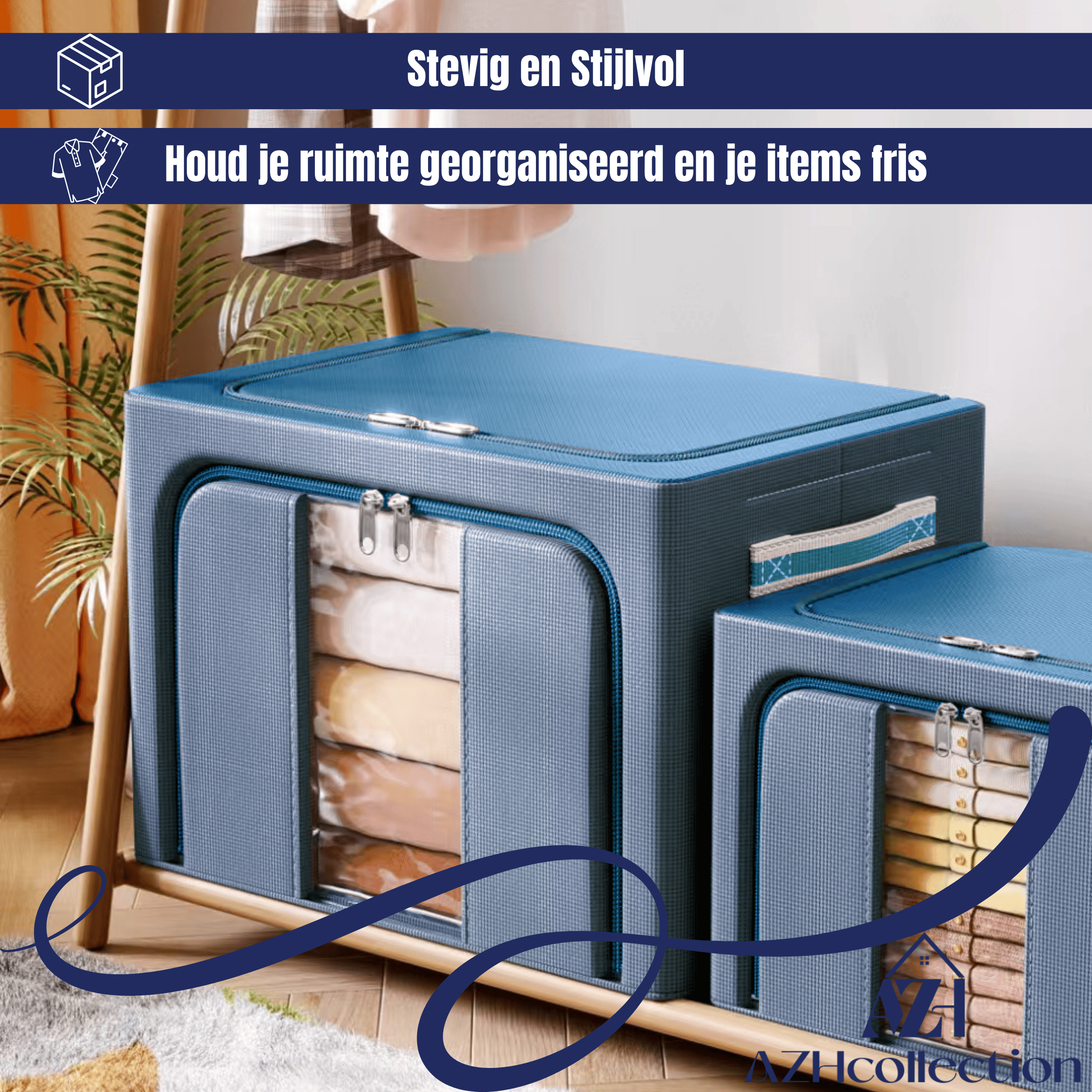 AZH Collection Opbergbox - Opvouwbaar 100L Blauw - Opbergdoos met stalen frame - Organizer - Opbergzak - Opbergmand